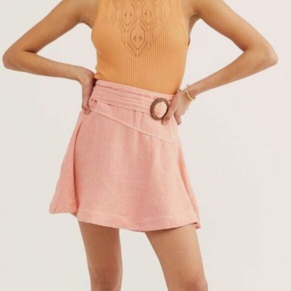 Free People Higher Ground Linen Mini Skirt Women’s Small Pink Flare - Picture 1 of 10